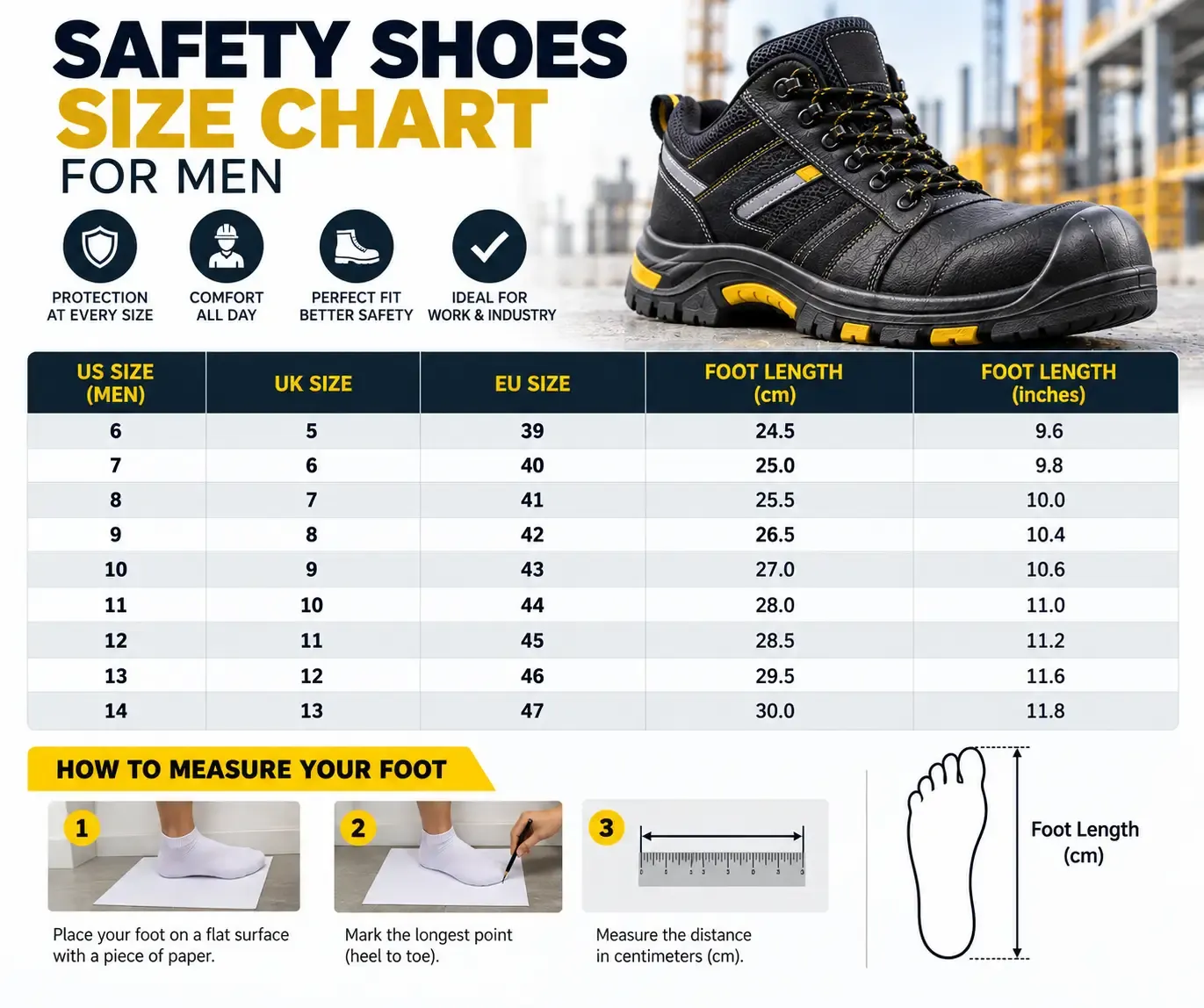 Safety shoes size chart for men